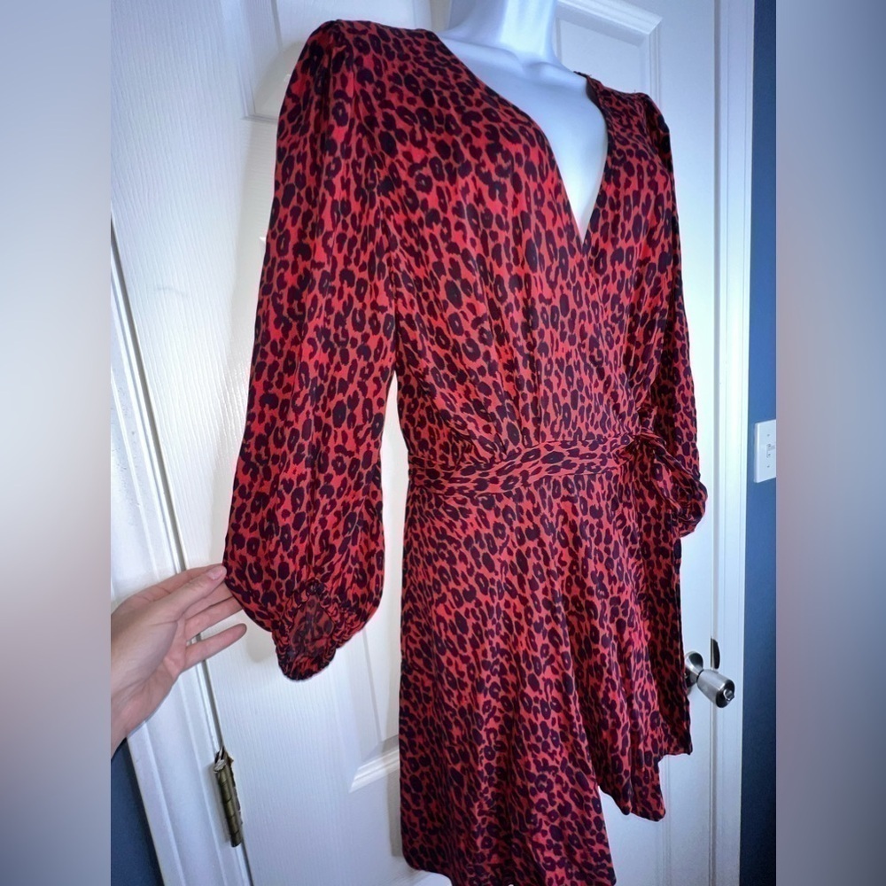 NWT IRO Women’s FR 40 L Red Animal Print Boina Wrap Mini Dress US 8 Long Sleeve - Picture 6 of 16